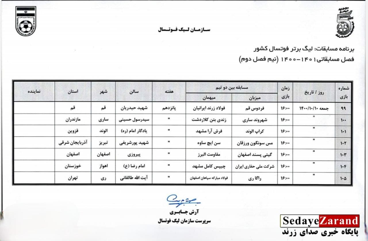 برنامه دیدارهای فولاد زرند در لیگ برتر فوتسال ایران اعلام شد1